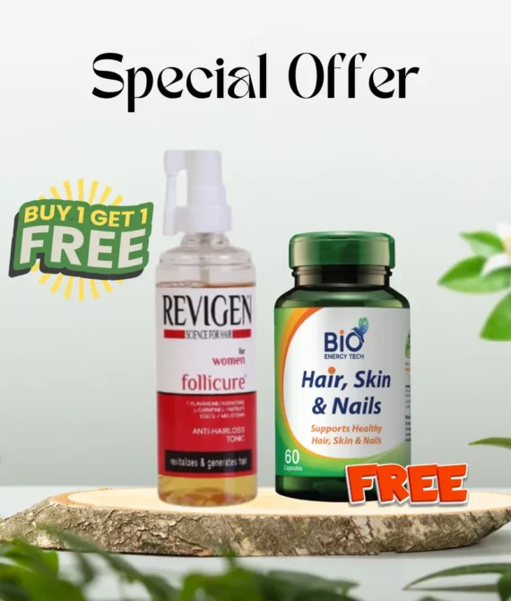 REVIGEN FOLLICURE ANTI HAIR LOSS TONIC FOR WOMEN 100ML + Bio Energy Hair, Skin & Nails 60Cap FREE