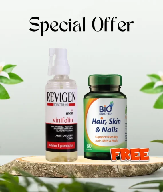 REVIGEN VINIFOLIN ANTI HAIR LOSS TONIC FOR MEN 100ML + Bio Energy Hair, Skin & Nails 60Cap FREE